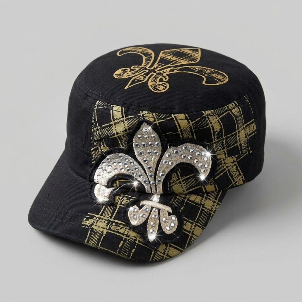 Y2K Rhinestone Fleur De Lis Military Cadet Cap Gold Plaid Distressed Hat